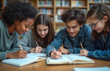 Group students study together library. Young people read books, write notes. Teamwork, knowledge, education, learning process. Students preparing exams. Diverse ethnicity. Bookshelves background.