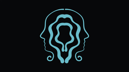 Symmetrical blue abstract faces forming surreal mirrored line composition