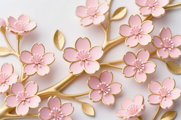 A Decorative pink Cherry blossom illustration with golden outlines, luxury floral design, white base
