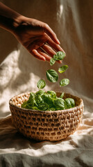 Basil leaves being dropped by hands into a wicker basket