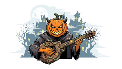 Halloween Musician: A whimsical illustration depicts a spooky pumpkin-headed musician serenading with his guitar in front of a haunted house, under the eerie glow of a full moon.