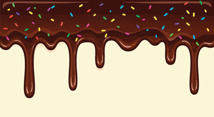 Melted chocolate drip with sprinkles cascading down a creamy background perfect for dessert menus or sweet treat promotions