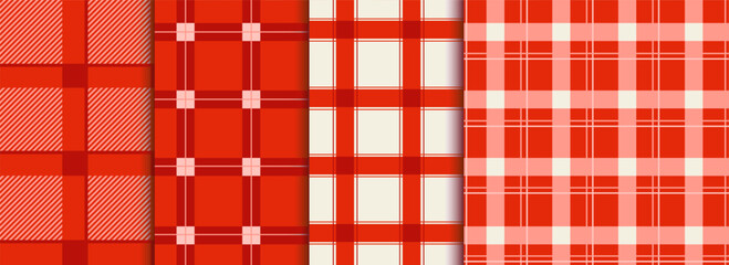 Red and white geometric plaid seamless pattern set. Traditional square gingham background collection. Checked wallpaper print, checker mosaic grid tartan texture bundle.