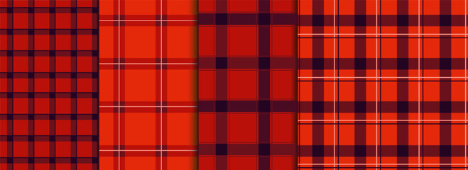 Red geometric plaid seamless pattern set. Traditional square gingham background collection. Checked wallpaper print, checker mosaic grid tartan texture bundle.