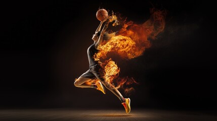 Dynamic fiery basketball player leaps in mid-air against a dark background, concept of athleticism and passion.