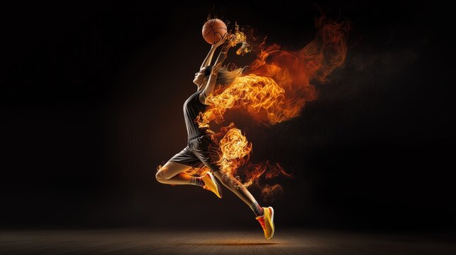 Dynamic fiery basketball player leaps in mid-air against a dark background, concept of athleticism and passion.