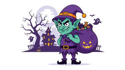 Halloween Goblin Illustration: A whimsical illustration of a mischievous goblin, bearing a sack brimming with candies. He is set against a Halloween themed background