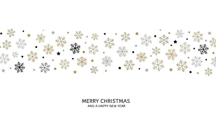 Elegant golden and silver snowflakes falling gently on a crisp white background for festive holiday greetings and winter celebrations