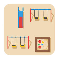 Playground with slide, swings, and sandpit, top view