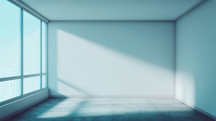 A minimalist empty room with light blue walls and large windows allowing natural light to fill the space,