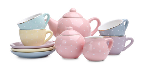 Beautiful tea set isolated on white. Child's toy