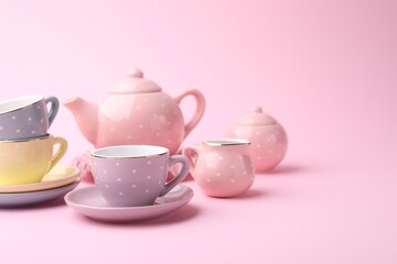 Beautiful tea set on pink background, space for text. Child's toy