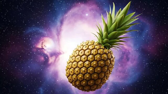 Surreal tropical pineapple floating in purple galaxy nebula seamless pattern for commercial use.
