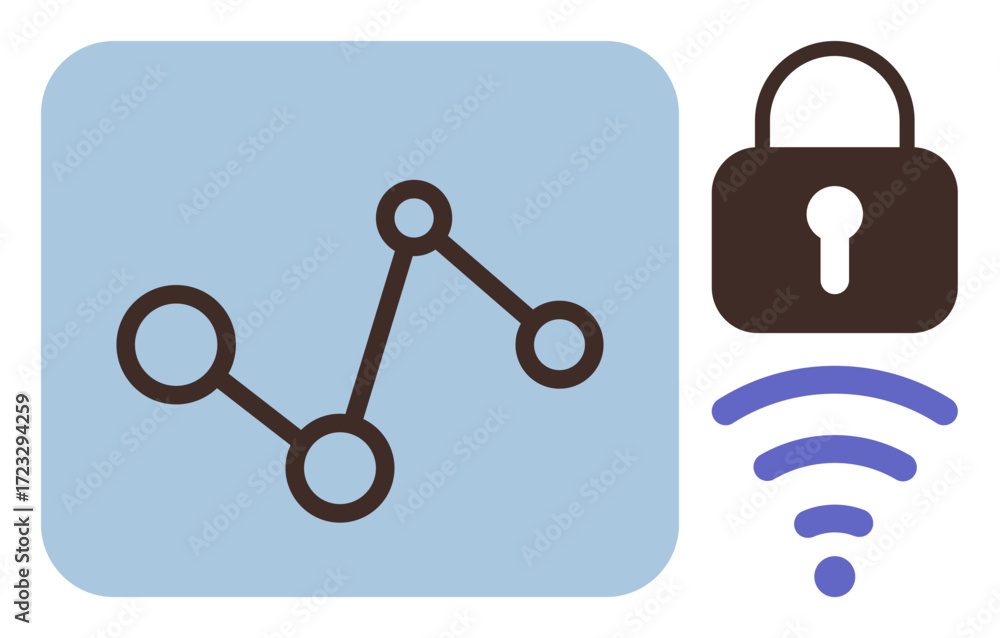 Poster network connections on blue background combined with padlock and wireless signal. ideal for cybersec