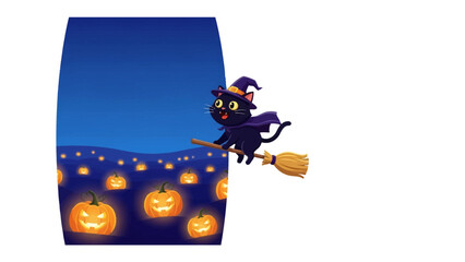 Mystical Halloween Flight: A charming black cat, adorned with a witch's hat and cape, soars through the night sky on a broom, with carved pumpkins.