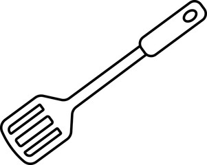Isolated white outline of a slotted spatula on a black background