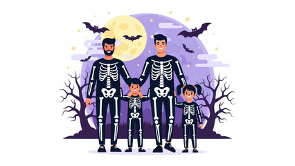 Happy Halloween Family: An illustration showcasing a family dressed in skeleton costumes, posing in front of a whimsical Halloween scene, complete with bats, bare trees, and a luminous full moon.