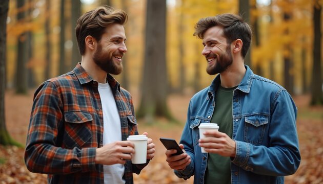 Two young bearded men talk, walk in autumn forest, hold coffee cups, using smartphone. Guys wear casual clothes, smiling, enjoy nature and friendship. Communication, autumn vibes, social media.