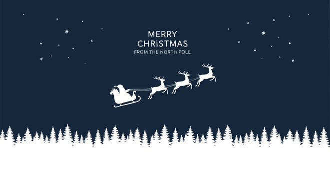 Santa's magical sleigh ride with reindeer soaring over snowy forest under starry night sky, wishing Merry Christmas joy