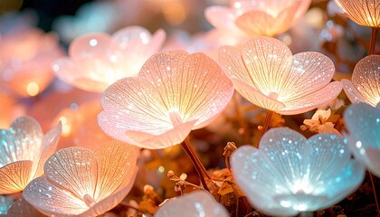 Futuristic glowing flowers in soft pastel colors, white, pink, and orange, resembling delicate glass blooms, illuminated fantasy garden, magical, ethereal, surreal artwork.