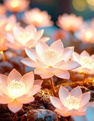 Futuristic glowing flowers in soft pastel colors, white, pink, and orange, resembling delicate glass blooms, illuminated fantasy garden, magical, ethereal, surreal artwork.