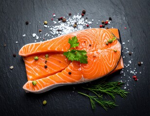 Raw salmon fillet on dark slate