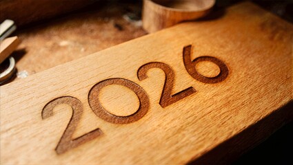 Wood Burned 2026 on Warm Oak Grain under Soft Amber Light in Workshop Setting Rustic Craft Background