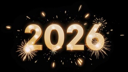 Golden 2026 Numbers with Surrounding Fireworks on Deep Black Festive New Year Celebration Background