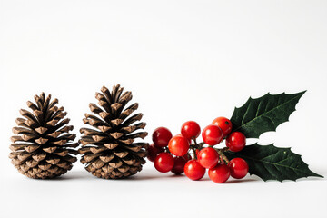 Two pinecones and a sprig of holly with red berries, symbolizing the winter season and holiday celebrations