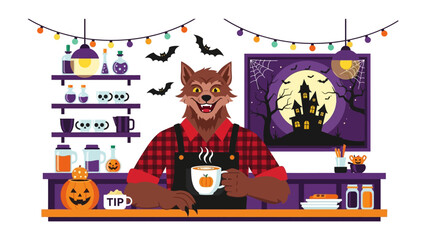 Halloween Cafe: A friendly werewolf barista in a warmly lit Halloween cafe serves a pumpkin spice latte, offering a spooky yet welcoming experience.