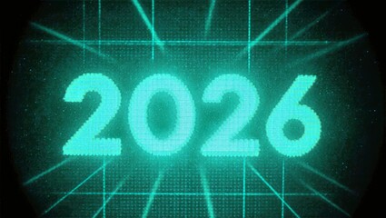 Turquoise Hologram 2026 Projection with Scan Grid and Subtle Noise in Dark Exhibition Hall Tech Background