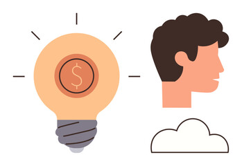 Human side profile, glowing light bulb with dollar sign, and cloud outline. Ideal for creativity, innovation, entrepreneurship, financial ideas, goal setting brainstorming design thinking. Simple