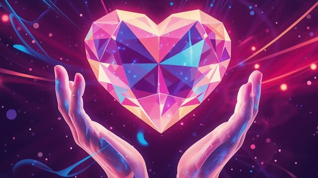 Glowing crystal heart floating above cupped hands with magical sparkles and cosmic energy radiating in purple and pink hues against starry background, representing love and donations