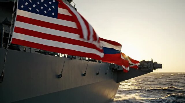 US Navy Aircraft Carrier Flying American Flags at Sunset.