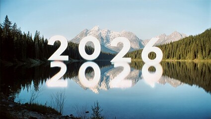 Mountain Lake Reflection Mirroring 2026 with Pine Shore and Clear Blue Sky Serene Nature Background