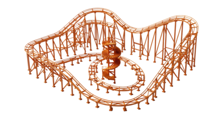 Vibrant orange roller coaster track model, intricate turns, multi-level spiral staircase, miniature engineering, isolated on transparent background under bright studio lighting. Concept of intricate