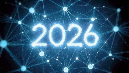 Glowing Network Nodes Mapping 2026 with Connected Links on Deep Gradient Futuristic Technology Background