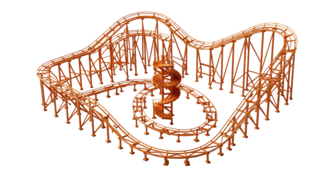 Vibrant orange roller coaster track model, intricate turns, multi-level spiral staircase, miniature engineering, isolated on transparent background under bright studio lighting. Concept of intricate
