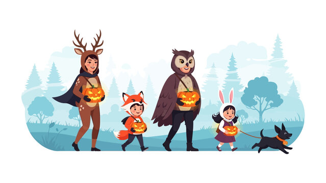 Spooky Fun: A collection of children and their companions, costumed for a night of trick-or-treating. They venture forth with glowing jack-o'-lanterns and anticipation.