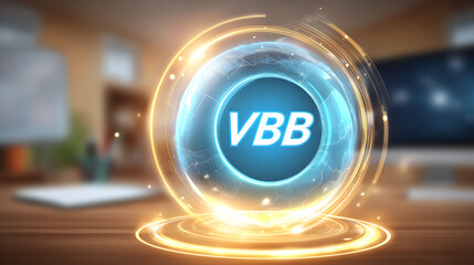 A glowing holographic interface with the letters VBB displayed in a futuristic circular design on a desk in an office setting.