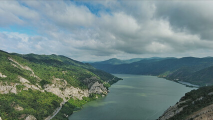 Aerial view on Danube river and mountains