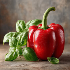  red bell pepper of perfect shape with beautiful green stem and basil leaf