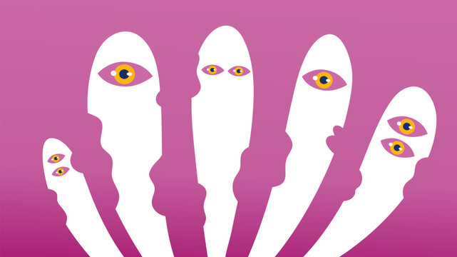 Pink surreal fingers each holding symbolic yellow surreal eyes