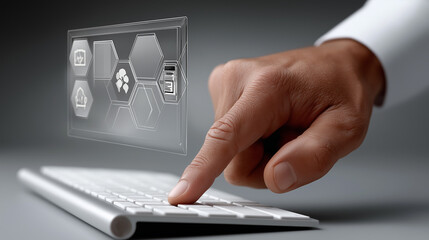 Interactive Technological Interface: A finger interacts with a futuristic holographic interface, a sleek keyboard sits below.