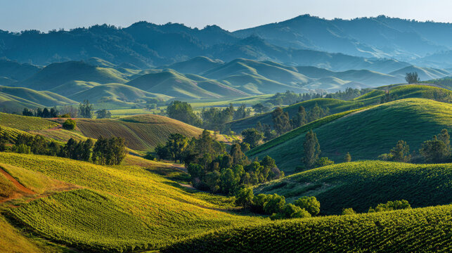 Lush green rolling hills with vibrant foliage, sunlight casting soft shadows, distant mountains creating a serene landscape under a clear blue sky during daylight hours. - Powered by Adobe