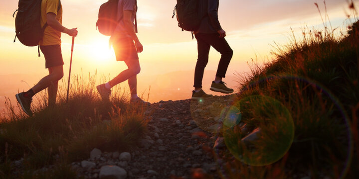 Nature tourism and adventure concept. Group of hikers climbing the trail during sunset at the cliff