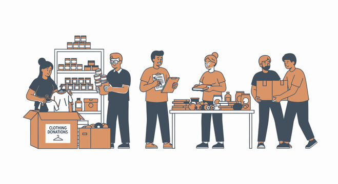 People volunteering with food donations at a table and shelf. - Powered by Adobe