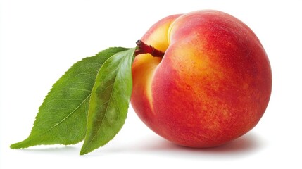 Fototapeta premium A ripe peach with creamy yellow skin and red patches, featuring smooth texture, natural dimple,