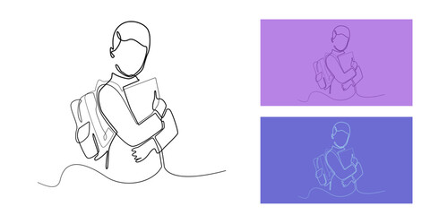 Continuous one line drawing of student with school backpack and hugging a book. Minimalist outline vector, education concept, back to school, child learning, studying, kid illustration line art.