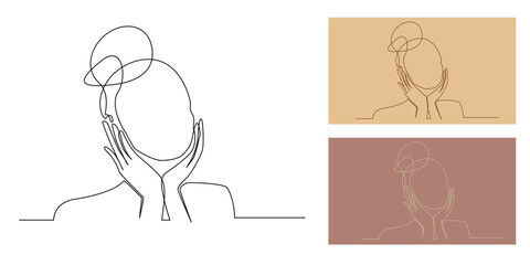 Continuous one line drawing of a woman with hair bun holding her cheeks with both hands. Minimalist beauty concept, elegant female portrait outline, fashion and skincare illustration.